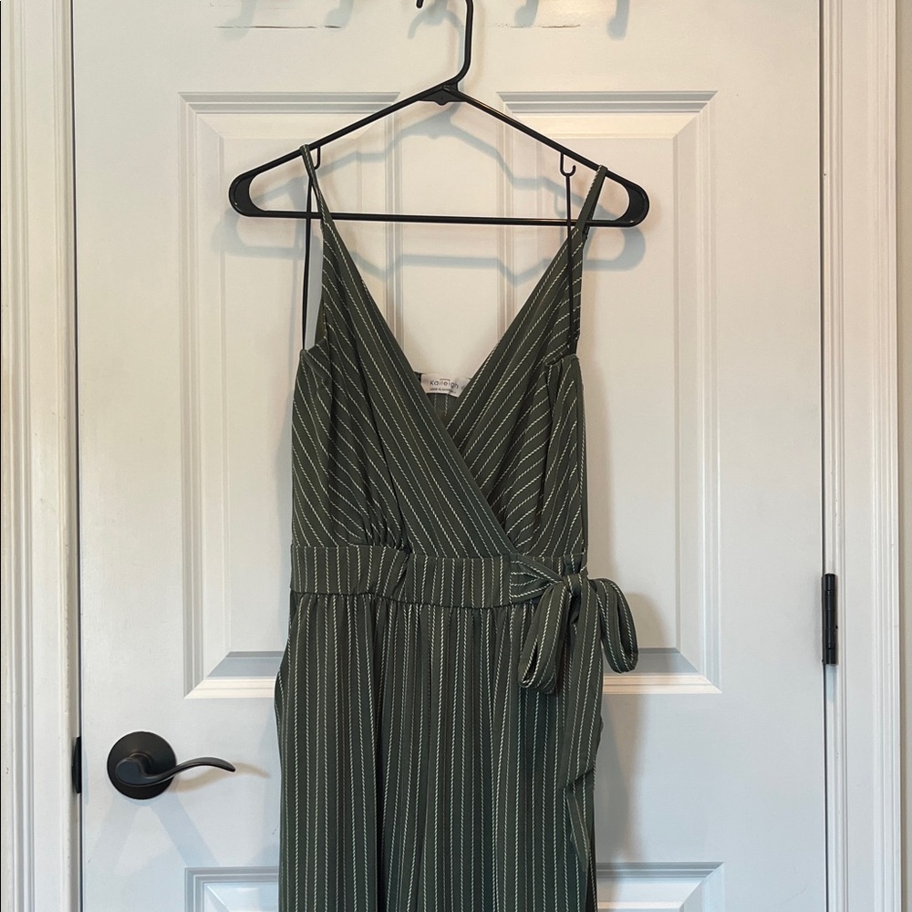 Green Striped Faux Wrap Jumpsuit